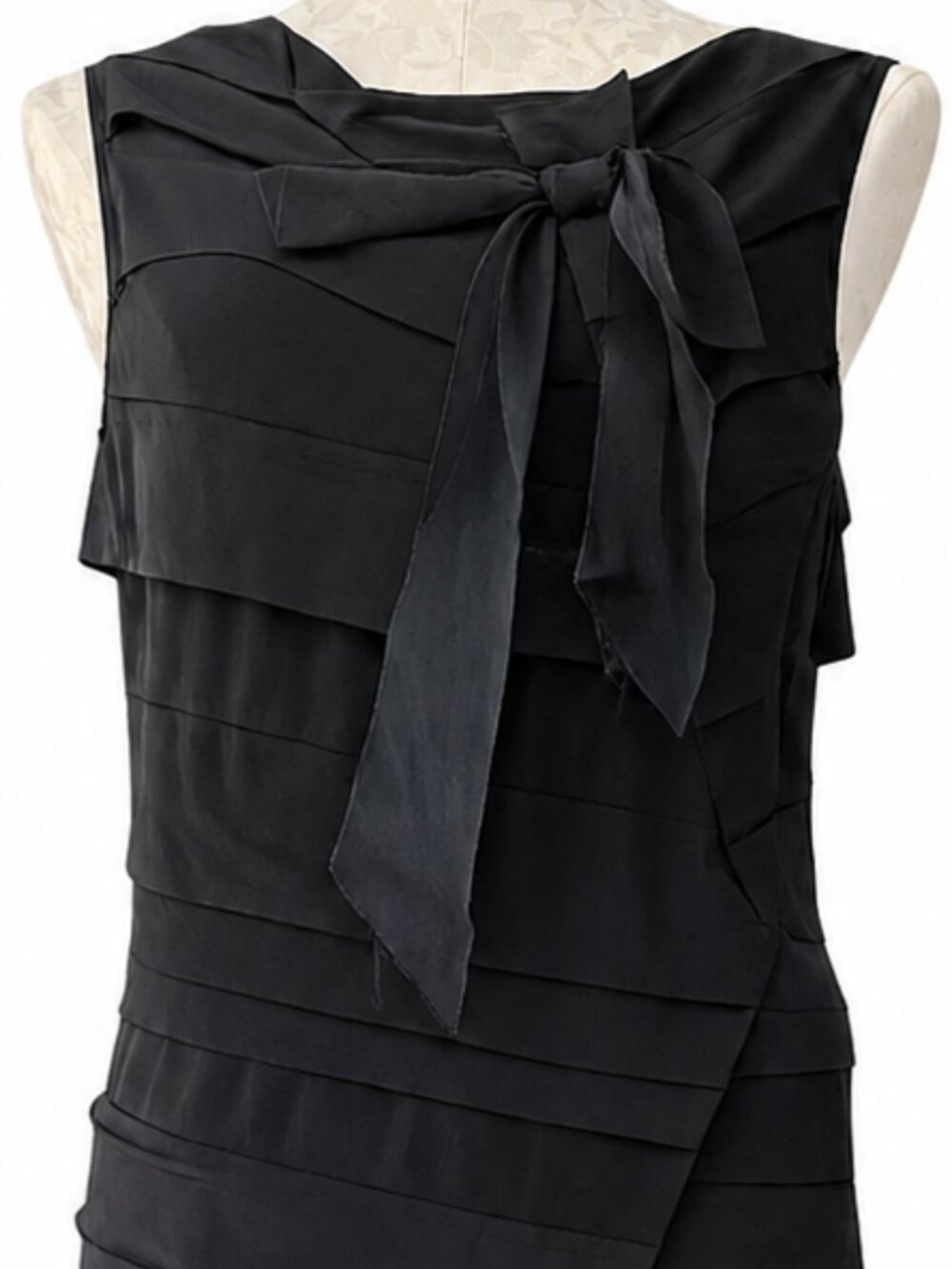 DKNY Black Silk Layered Shift Dress Bow Neck Sleeveless Midi Size 14